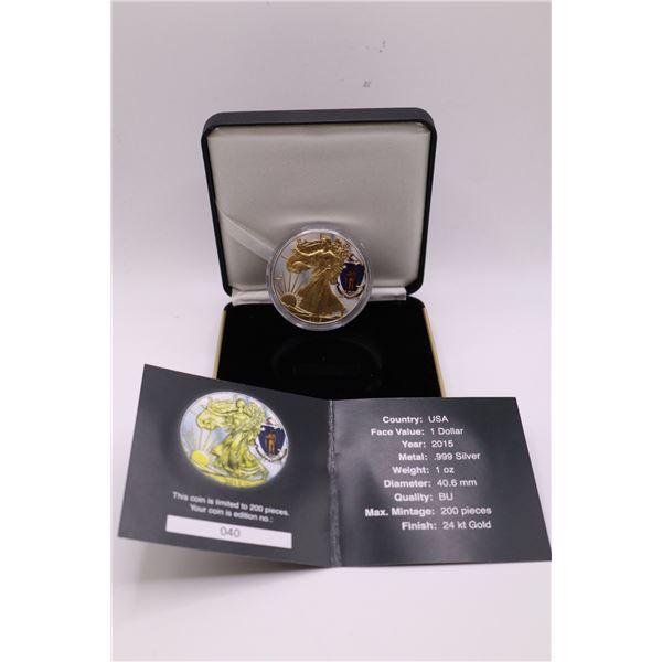 2015 Beautifully Coloured US States Flags American Silver Eagle, Massachusetts. Limited to 200 piece