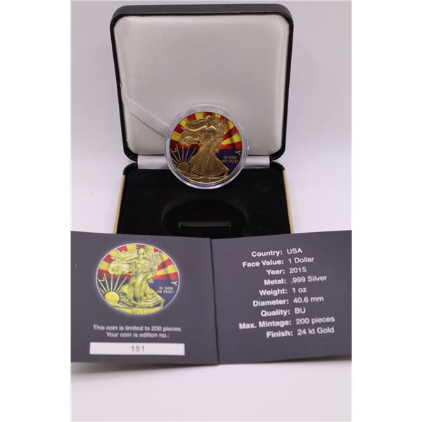 2015 Beautifully Coloured US States Flags American Silver Eagle, Arizona.Limited to 200 pieces. (tax