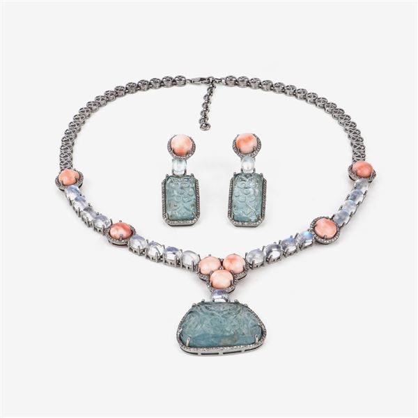 Carved Moonstone Coral Necklace Earrings Set