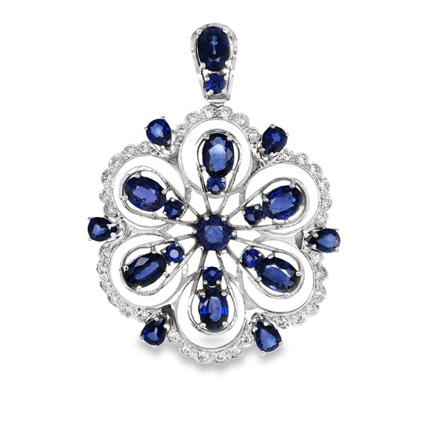 White Gold Sapphire & Diamond Floral Pendant