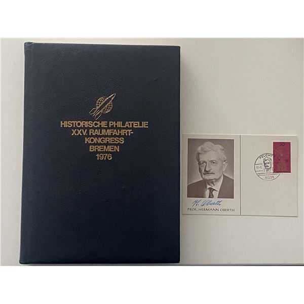 Professor Hermann Oberth signed postcard with 1976 book