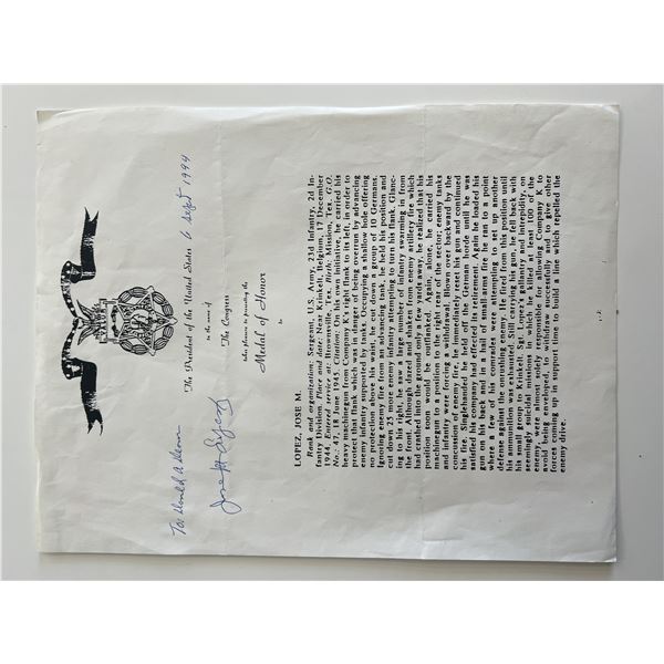 Medal of Honor José M. López original signature