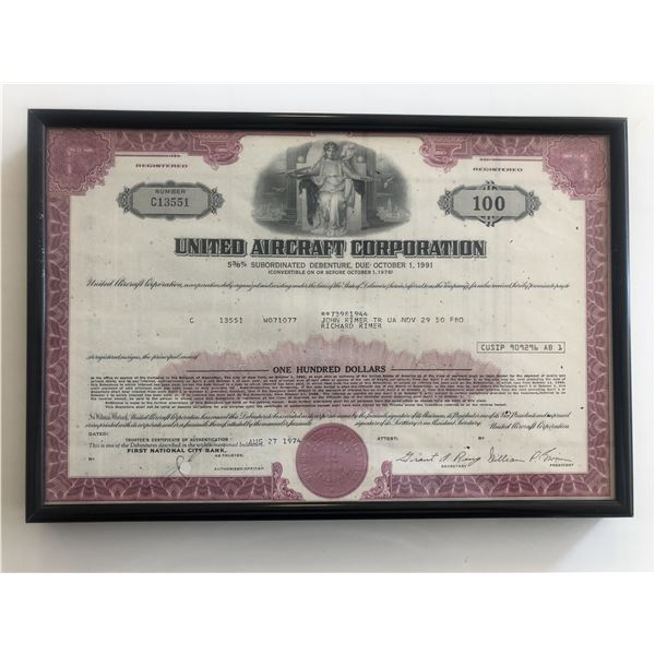 Framed United Aircraft Corporation Stock Certificate