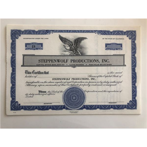 Steppenwolf Productions Inc. Blank Stock Certificate