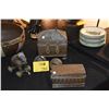 Image 1 : MIXED LOT: BRONZE BELLS, ELEPHANT PULL TOY & HINGED BOXES (5 PCS)