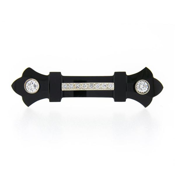 Vintage 14k Gold 1.14 ctw Diamond Carved Black Onyx Fluer De Lis Bar Pin Brooch