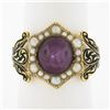 Image 1 : Vintage 18k Gold 3.5 ctw Cabochon Star Ruby & Pearl Halo w/ Black Enamel Band Ri