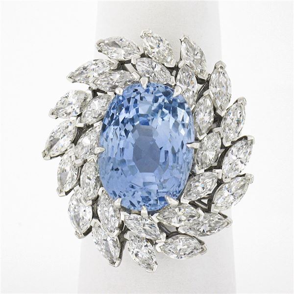 Platinum Handmade GIA Ceylon NO HEAT Oval Sapphire & Marquise Diamond Halo Ring