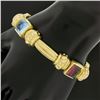 Image 7 : 18K Gold & Bezel Set Multi Color Cabochon Gemstone Scroll Grooved Link Bracelet