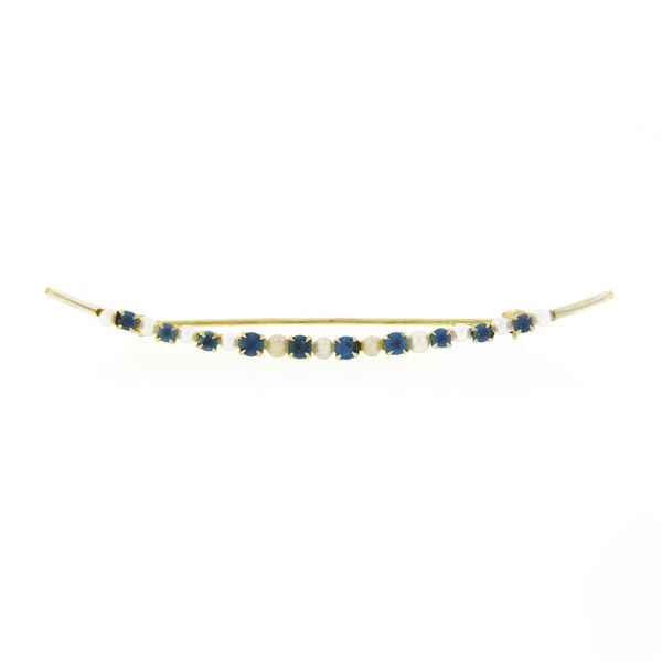 Antique Victorian 14K Yellow Gold Blue Stone & Seed Pearl Crescent Pin Brooch