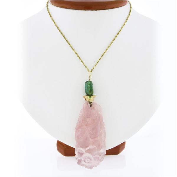14k Gold GIA Large Floral Carved Rose Quartz w/ Green Tourmaline Pendant & Chain