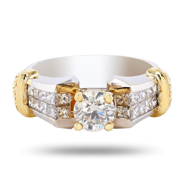 0.71 ctw SI2 CLARITY CENTER Diamond 18K White and Yellow Gold Ring (1.51 ctw Dia