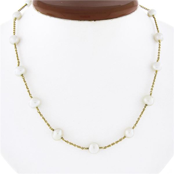 14k Yellow Gold Baroque White Pearl by the Yard 17" Cable Chain Station Necklace