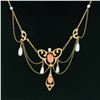 Image 5 : Antique Art Nouveau Krementz 14K Gold Coral & Freshwater Pearl Swag Necklace