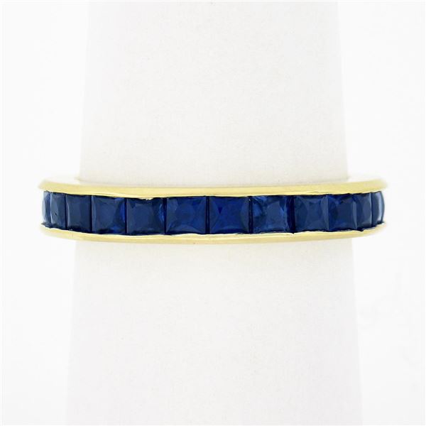 Vintage 18k Gold 3 ctw GIA French Square Cut Sapphire Channel Eternity Band Ring