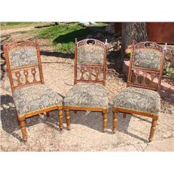 3 wood carved tapestry padded chairs