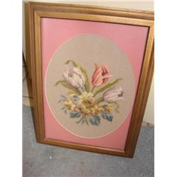 Needlepoint framed, matted behind glass