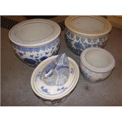 Blue & White planters & hen on nest