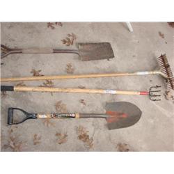 Yard tools-Thatching rake, shovel.