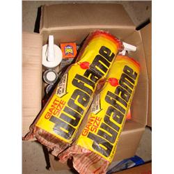 Box of cleaners, fire logs.