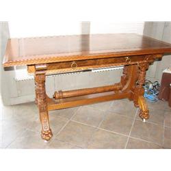 Library Table-burlwood top, ornate carved