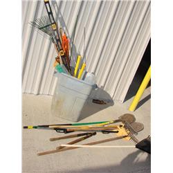 Large trash can FILLED w/yard tools