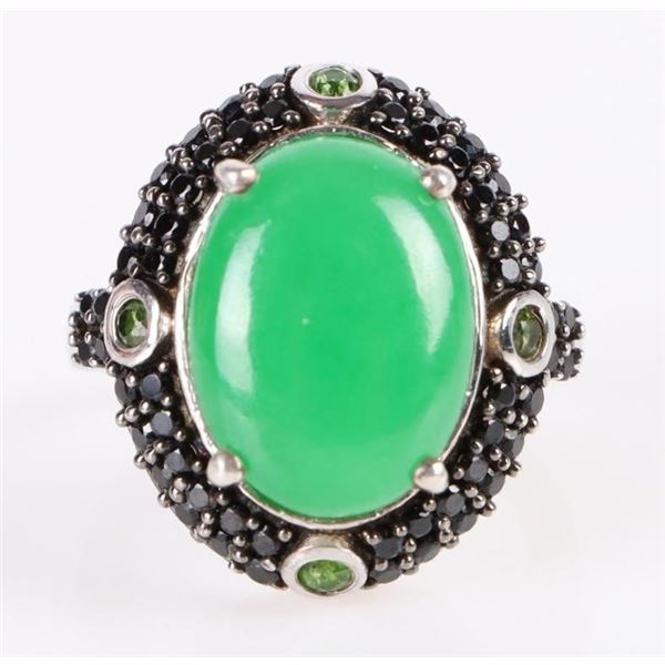 IMPERIAL JADE, PERIDOT, ONYX STERLING SILVER RING