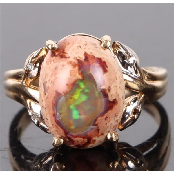 10K YELLOW GOLD FIRE OPAL DIAMOND LADIES RING