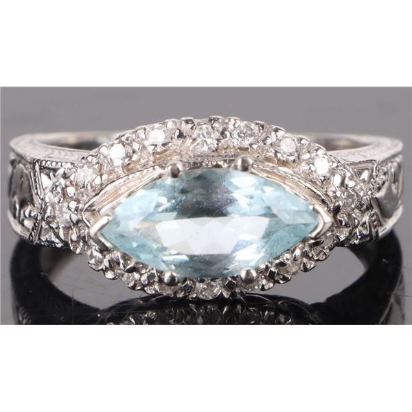 14K WHITE GOLD AQUAMARINE & DIAMOND LADIES RING