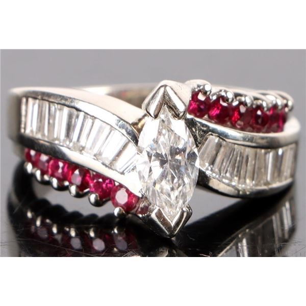 14K WHITE GOLD EGL 0.74CT SI1 DIAMOND RUBY RING