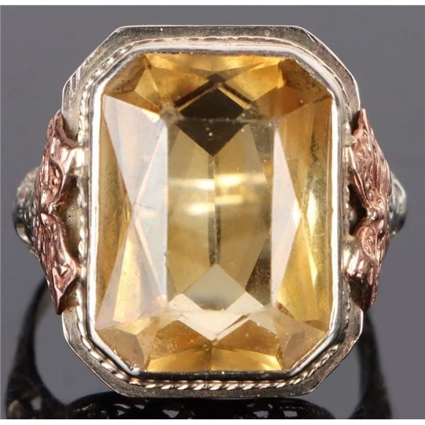 17 X 12MM CITRINE 14KT. WHITE GOLD ART DECO RING