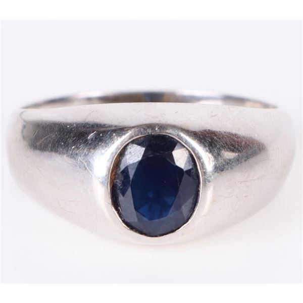 14K WHITE GOLD DEEP BLUE SAPPHIRE MEN'S RING