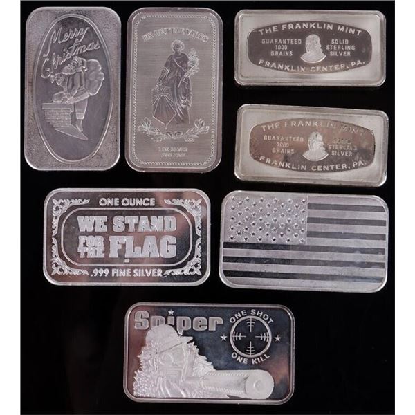 ASSORTED FINE & 0.925 SILVER BULLION BARS - (7)