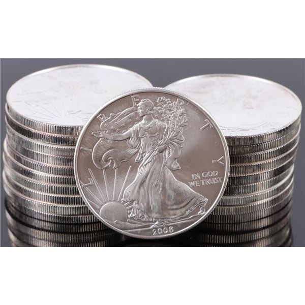 FINE SILVER 2008 SILVER EAGLE BULLION COINS - (20)