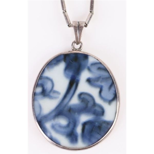 STERLING SILVER CHINESE BLUE PORCELAIN NECKLACE