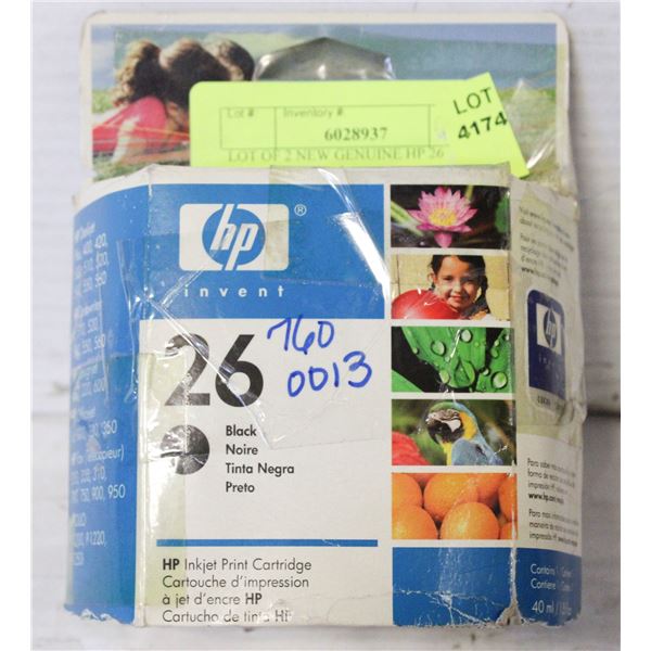 LOT OF 2 NEW GENUINE HP 26 BLACK PRINTER INK