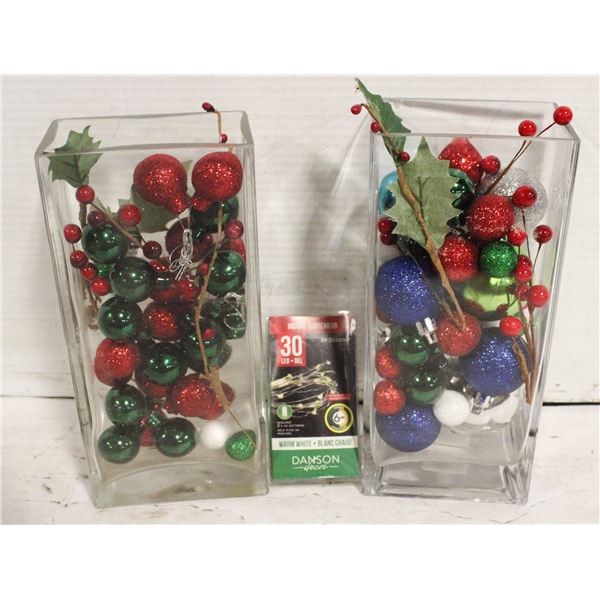 2 GLASS VASES OF XMAS DECOR &