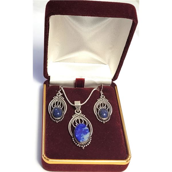 11)  NATURAL LAPIS LAZULI AND TIBETAN SILVER SET