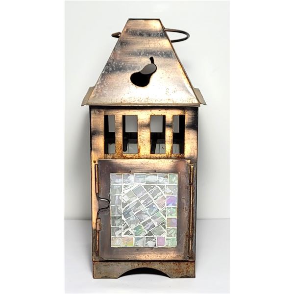 3)  BRASS LANTERN WITH IRRIDESCENT GLASS, INDOOR