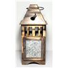 Image 1 : 3)  BRASS LANTERN WITH IRRIDESCENT GLASS, INDOOR