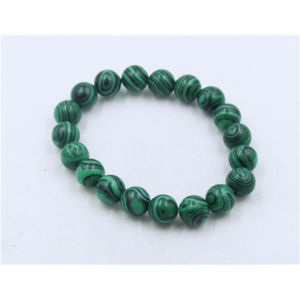 #43-GREEN MALACHITE BEAD BRACELET 7.5"