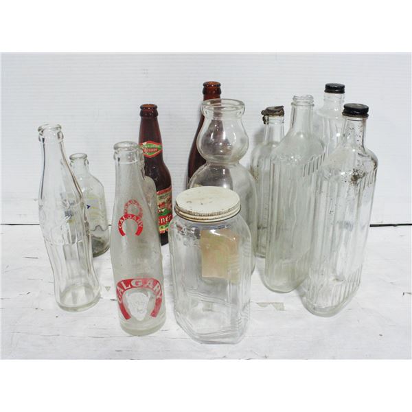 LOT OF ANTIQUE WHISKEY, SODA  & OTHER BOTTLES,