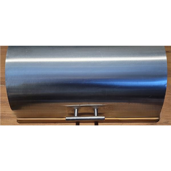 4)  STAINLESS STEEL BREAD BOC WITH HARDWOOD BASE,