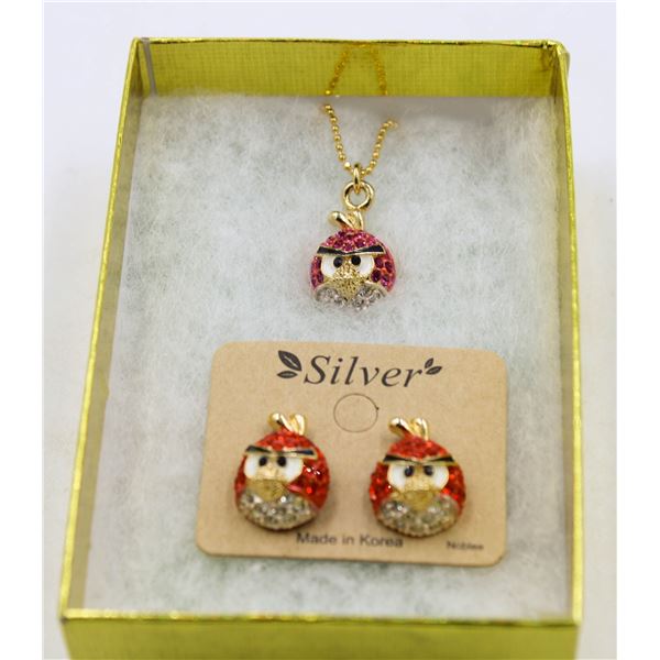 NEW ANGRY BIRDS PIERCED EARRINGS & NECKLACE