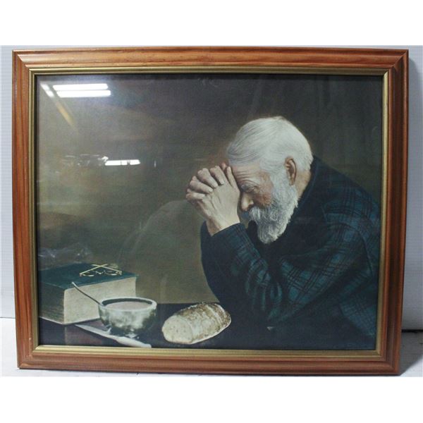 19"X23" FRAMED OLDMAN PRAYING - ESTATE