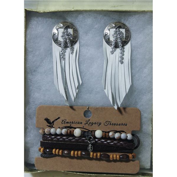 VTG LEATHER FRINGE CONCHO EARRINGS WITH BRACELET