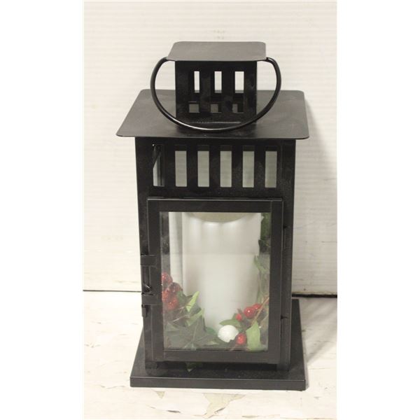 METAL & GLASS LANTERN W/ BATTERY CANDLE,14 IN TALL