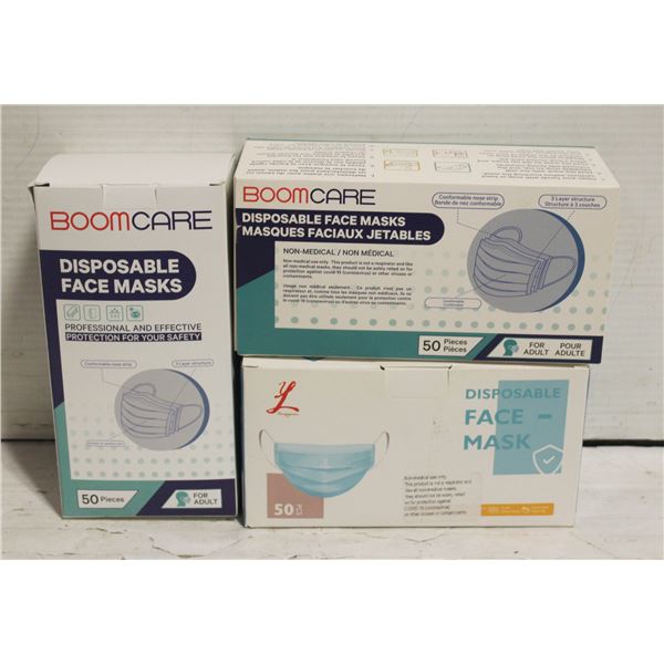 3 NEW BOXES 3 PLY FACE MASKS- 50 MASKS/BOX, ADULT