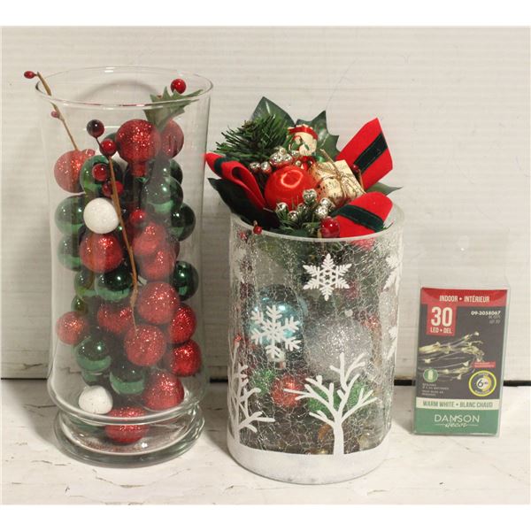 2 GLASS VASES XMAS DECOR WITH BATTERY MINI LIGHT
