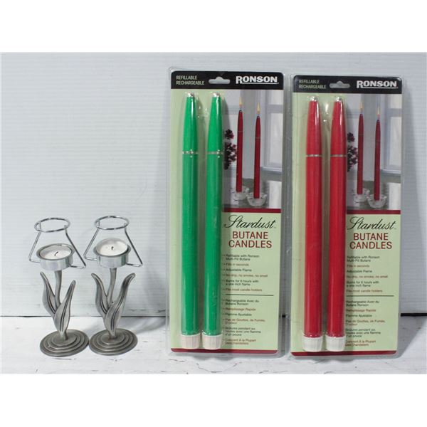4 BUTANE CANDLES AND 2 PEWTER VOTIVES